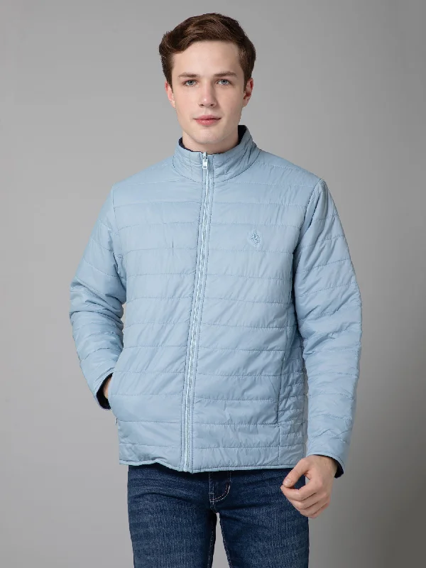 Men's Coats for Cold WeatherSolid Sky Blue Full Sleeves Mock Collar Regular Fit Reversible Puffer Jacket for Men