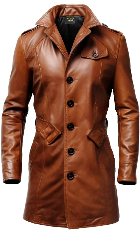 Classic Men's Trench CoatsMen Vintage Tan Brown Leather Coat - Leather Long Coat